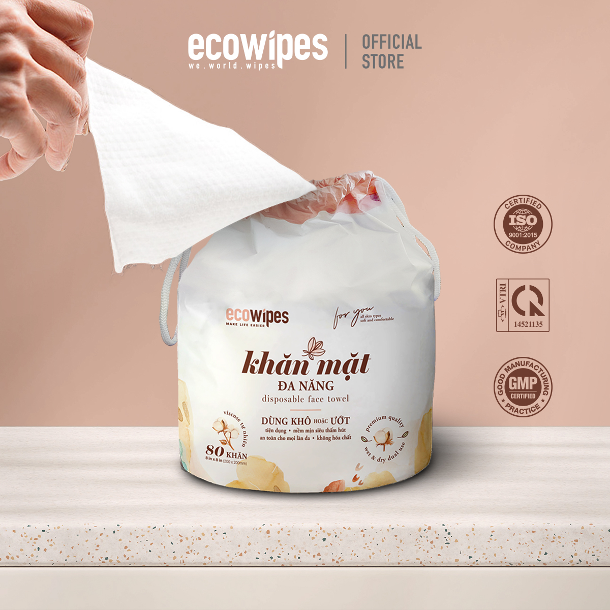 Khăn mặt khô đa năng Ecowipes cuộn 80 tờ size khăn 20x20cm dùng 1 lần lau khô lau ướt giấy lau mặt dùng một lần