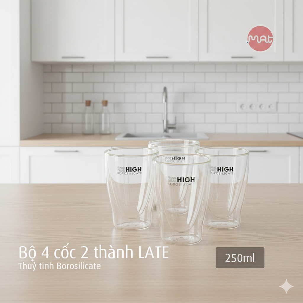 Bộ 4 Cốc LATE 2 Thành Thủy Tinh High Borosilicate Hai Lớp Cách Nhiệt, Chịu Nhiệt Cao, An Toàn Dùng