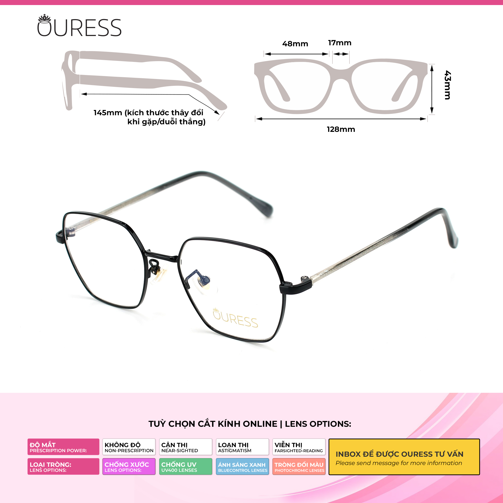 Gọng kính cận 85005 và 5201316 chất liệu titan thời trang mắt kính OURESS nam nữ siêu nhẹ siêu bền