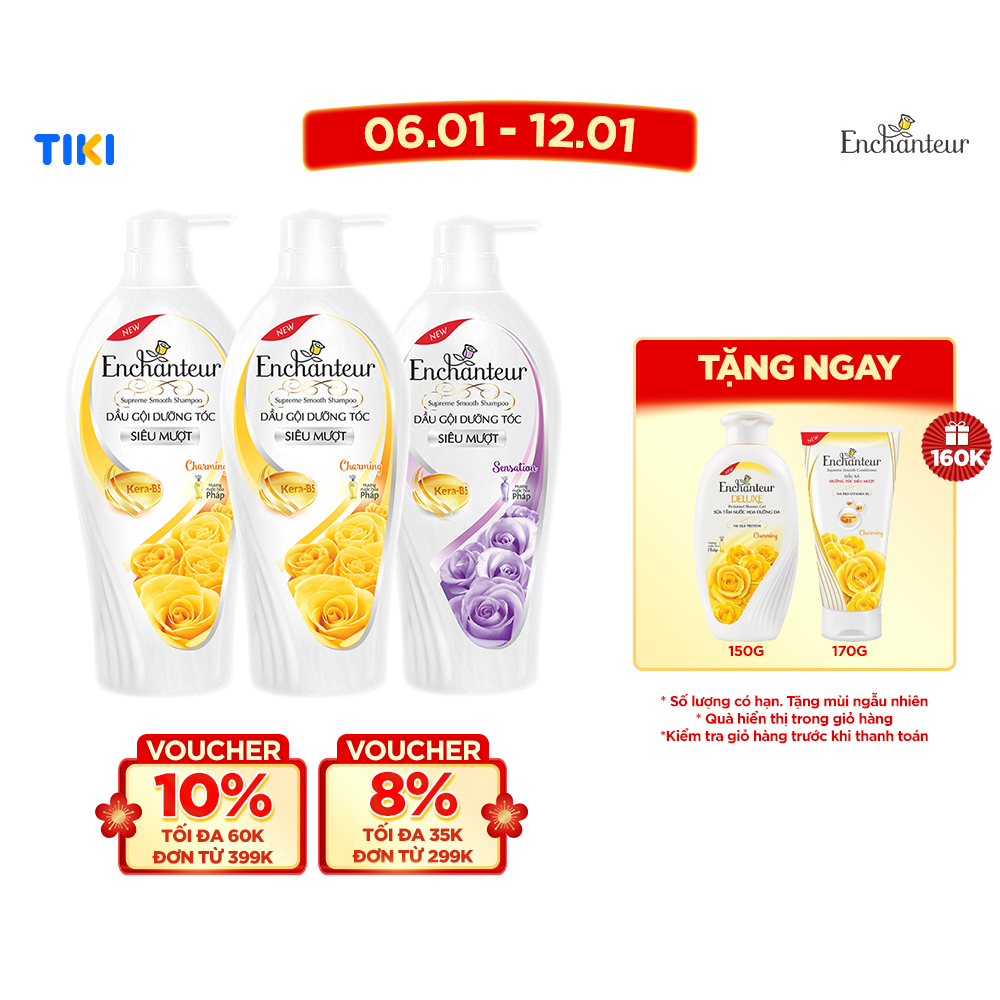 Combo 3 Dầu gội Enchanteur dưỡng tóc suôn mượt Keratin Charming và Sensation 650g