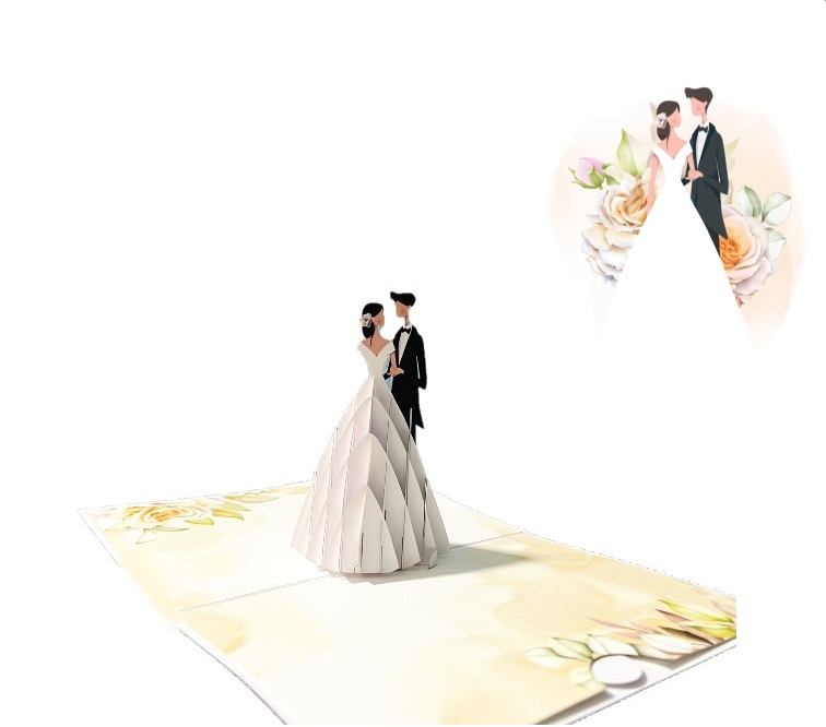Thiệp 3D Pop Up Cô Dâu Váy Trắng &amp; Chú Rể – Thiệp Cưới, Thiệp Chúc Mừng Đám Cưới Sang Trọng, W12