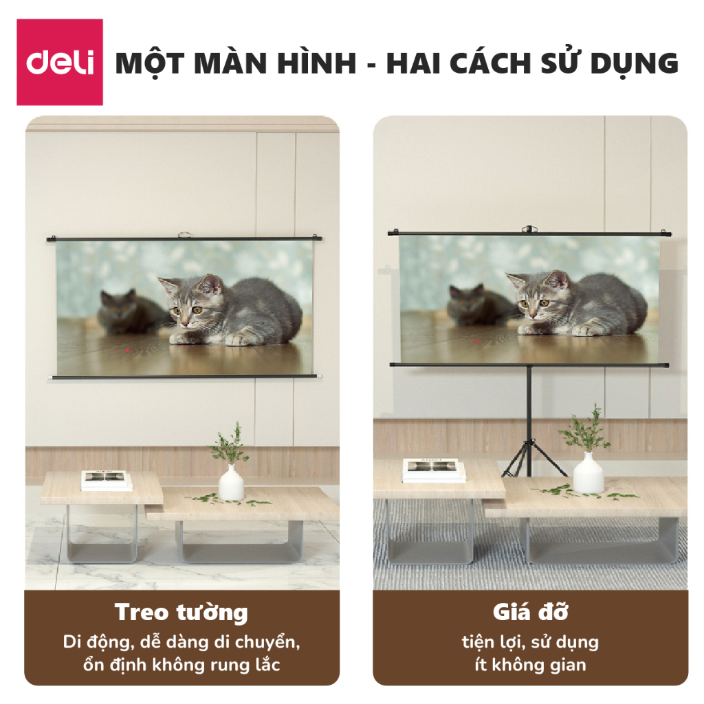 Màn Chiếu Di Động Treo Tường Deli - Hàng Chính Hãng - Giá Đỡ 3 Chân Chắc Chắn Không Đục Lỗ Hỗ Trợ Trình Chiếu 4K Cho Thuyết Trình Văn Phòng Dạy Học Không Mỏi Mắt Màn Hình Rõ Nét