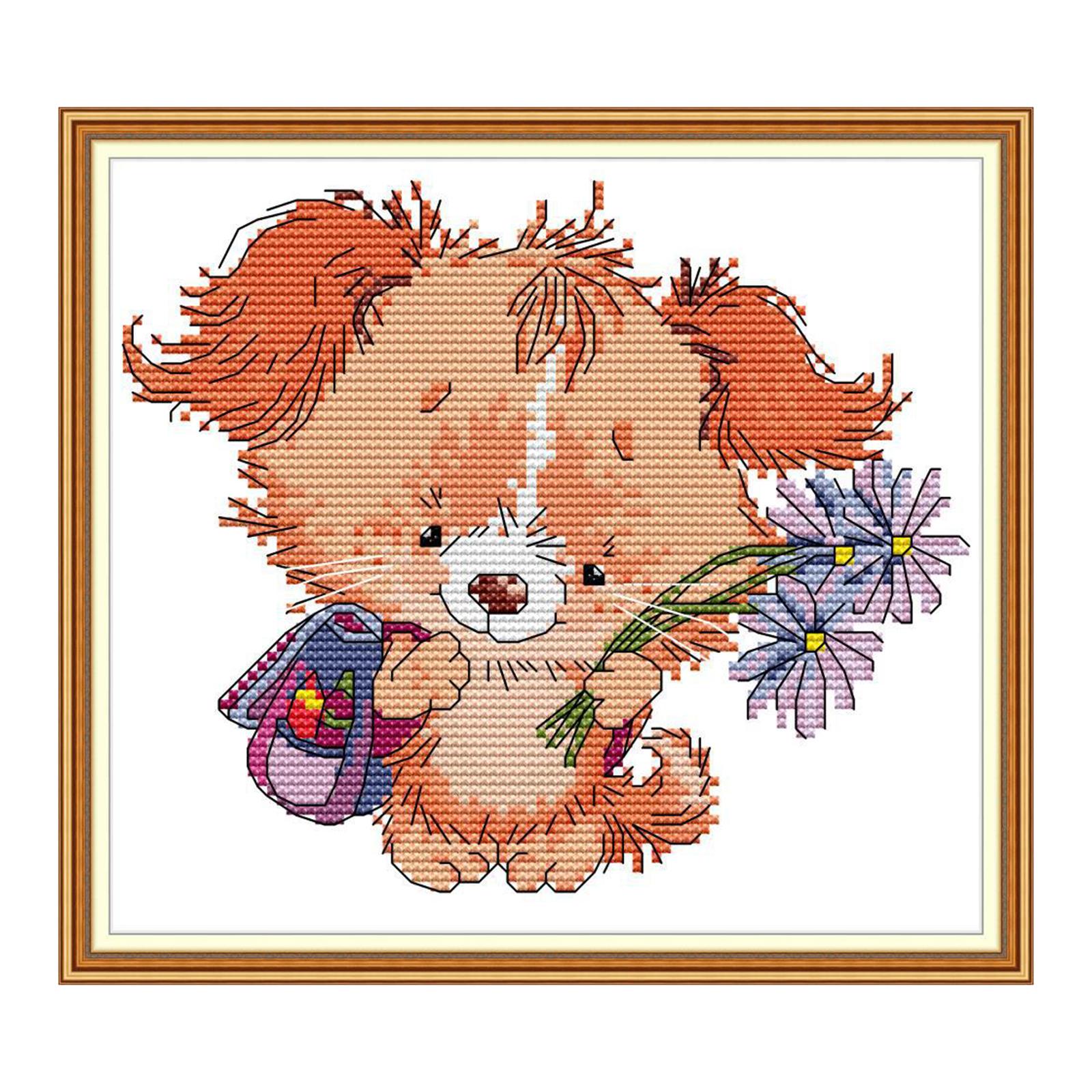 Cross Stitch Kits Stamped Full Range of Embroidery Starter Kit for Beginners DIY Stamped Crossstitch Supplies- A Dog with Flower