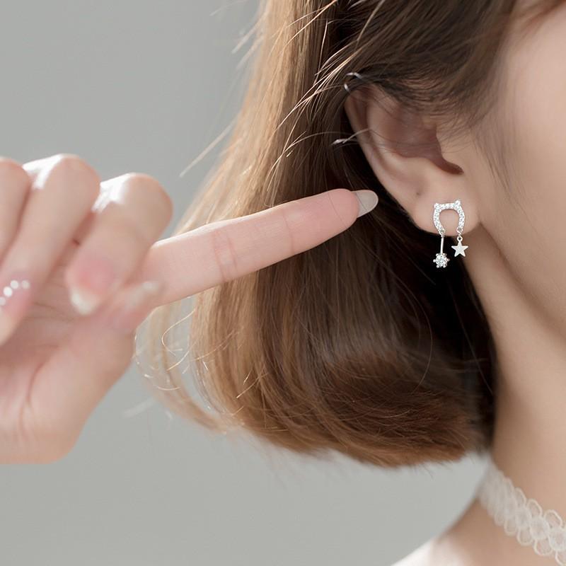 Khuyên tai bạc Ý s925 hình tai mèo ngộ nghĩnh thả đá G6666 - AROCH Jewelry