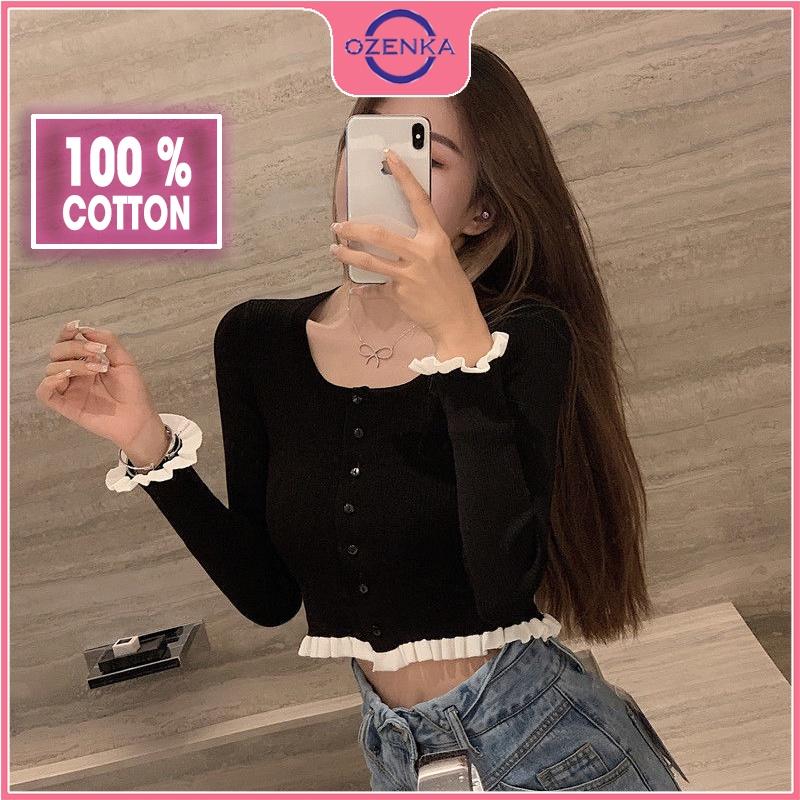 Hình ảnh Áo khoác cardigan croptop tay dài nữ OZENKA , ao crt ôm body dệt kim len gân đẹp 100% cotton đen trắng free size