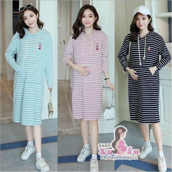 Váy bầu cotton kẻ ngang