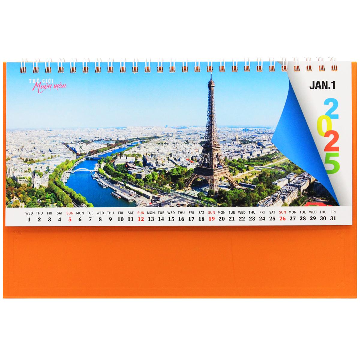 Lịch Bàn Ngang 2025 - Thế Giới Muôn Màu - Văn Lang VL-LB13 - Đế Màu Cam