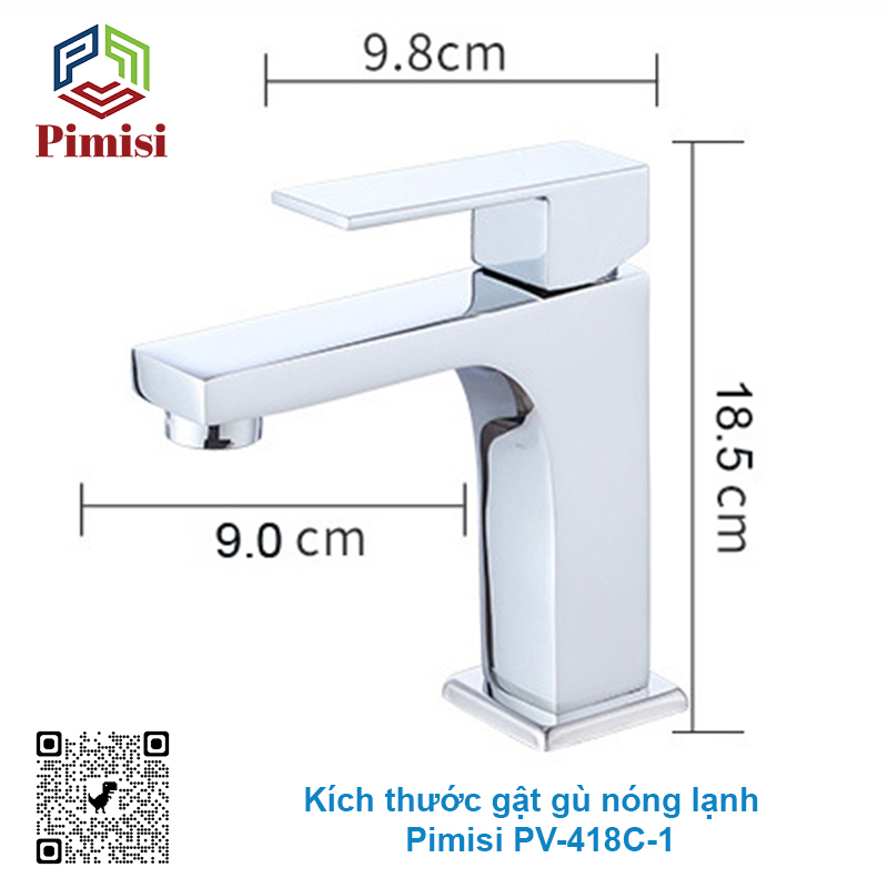 Vòi Rửa Mặt Pimisi PV-418C-1 Thân Vuông Nóng Lạnh Cho Chậu Rửa Lavabo 1 Lỗ Âm - Dương Mặt Bàn Đá Làm Từ Đồng Thau Sáng Bóng - Chỉnh Nước Bằng Gật Gù Nóng Lạnh Trong Nhà Tắm Với Đủ Phụ Kiện Xi Phông Và Dây Cấp Nước | Chính Hãng