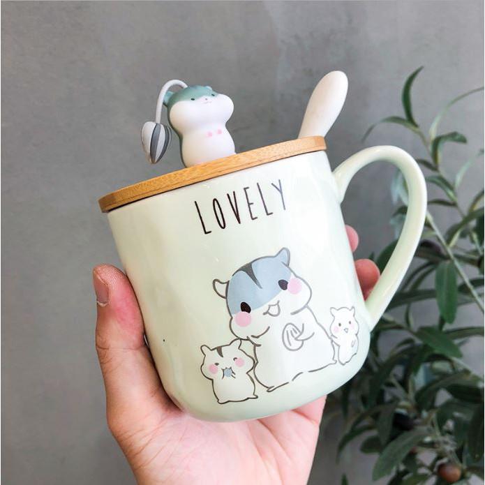 Cốc sứ, ly sứ hình chuột kèm nắp và thìa 400ml cực cute, họa tiết sắc nét bền đẹp