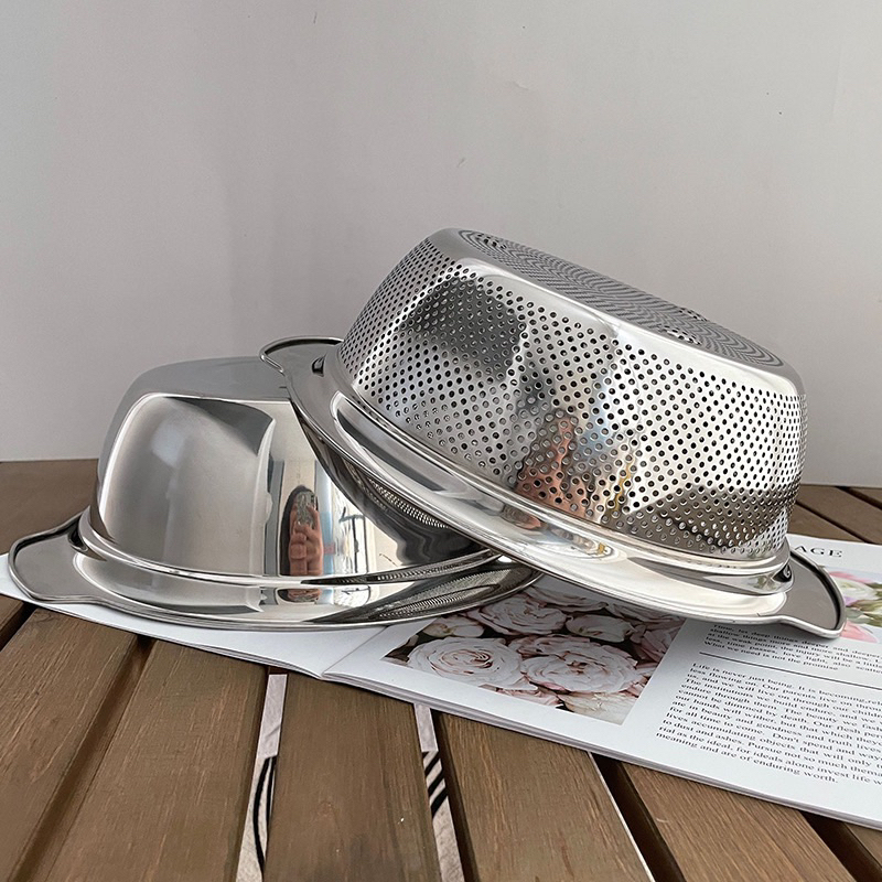 Bộ Rổ Kèm Thau Chockmen Size 27/31cm Inox 304 Cao Cấp Vo Gạo Rửa Rau