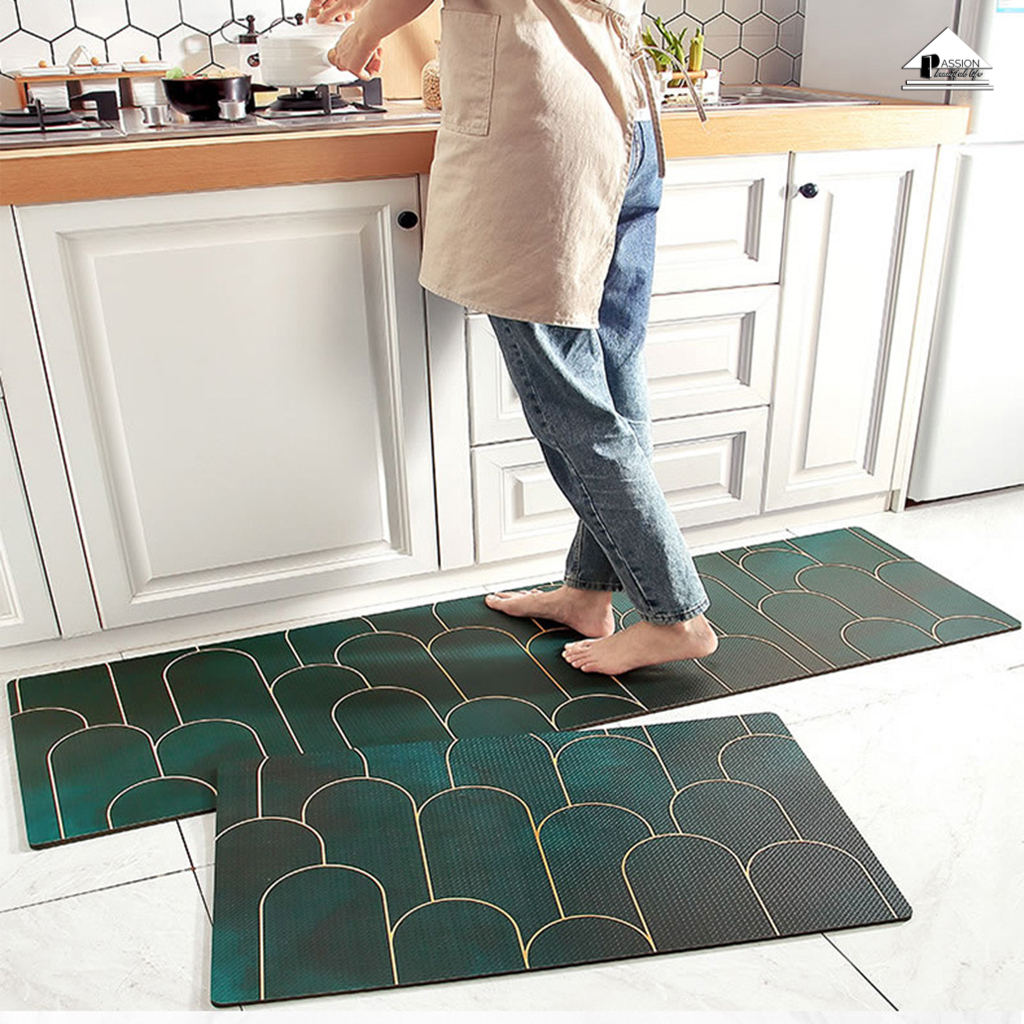Thảm Bếp PVC Tone Xanh Bắc Âu Hiện Đại Chống Bám Dầu