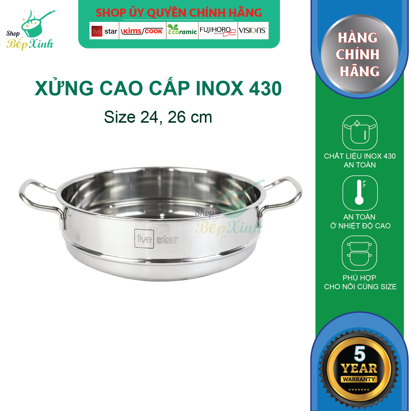 Xửng Hấp Fivestar - Bạc (Tặng 10 Muỗng Ăn Inox)