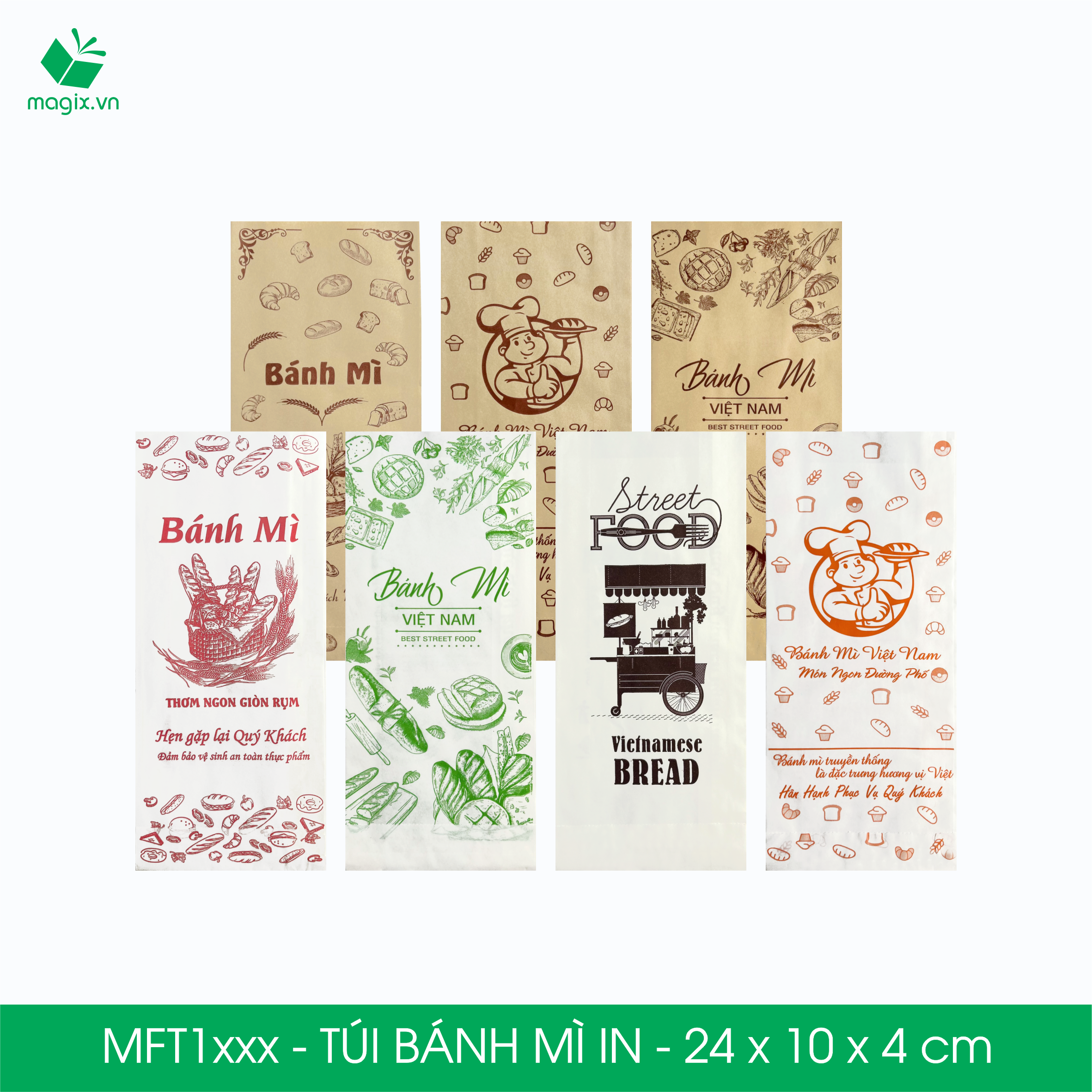 Combo 100 Túi bánh mì in - 24x10x4 cm - In sẵn họa tiết nhiều mẫu - Bao bánh mì Túi giấy thực phẩm an toàn