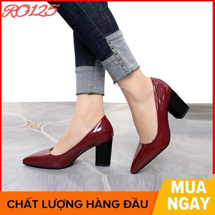 Giày cao gót nữ đẹp đế vuông 7 phân hàng hiệu rosata màu đen đỏ ro125