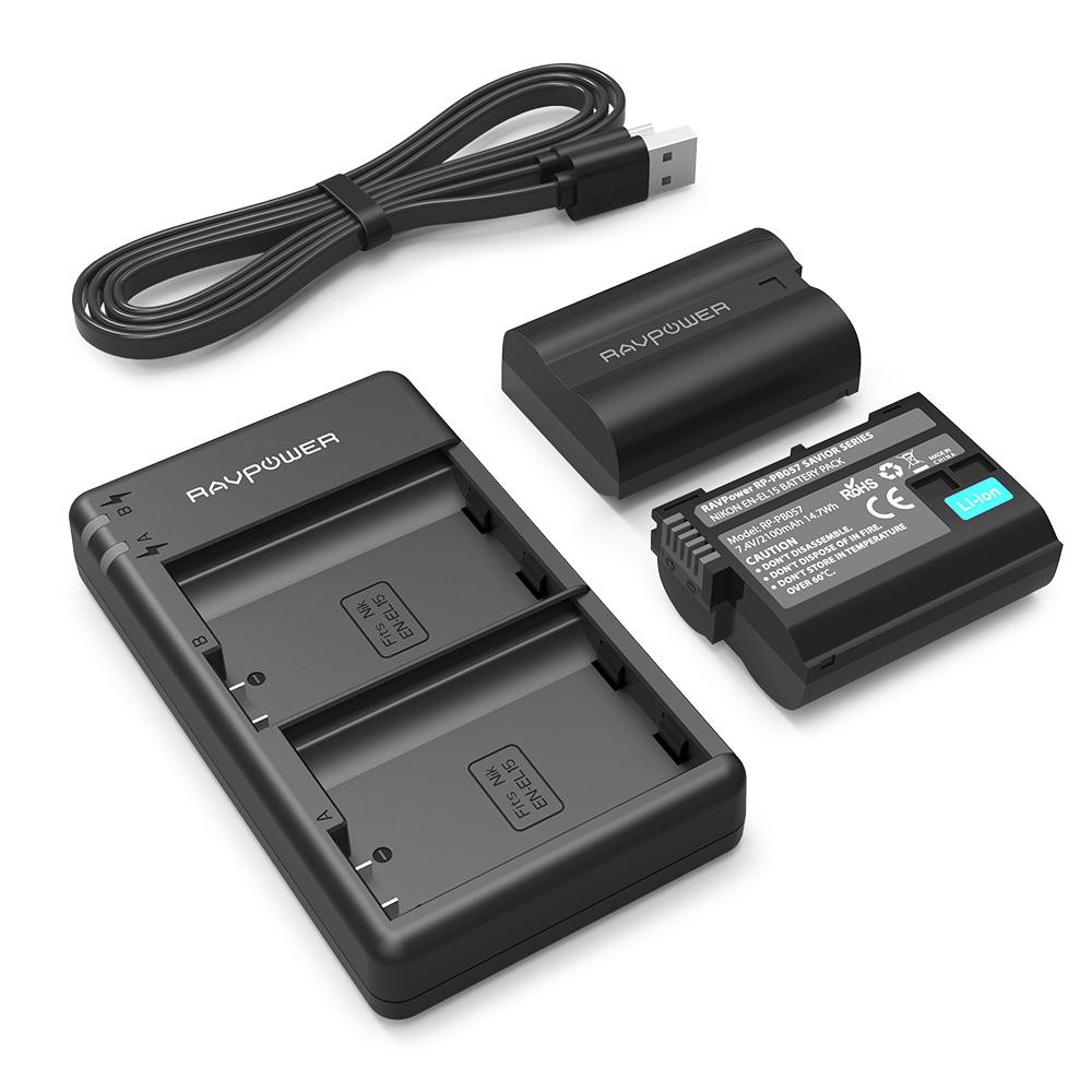 Bộ 2 Pin Và Sạc Kép RAVPower Cho Nikon EN-EL15 D7XXX D8XX D7XX D6XX D5XX - Hàng Nhập Khẩu