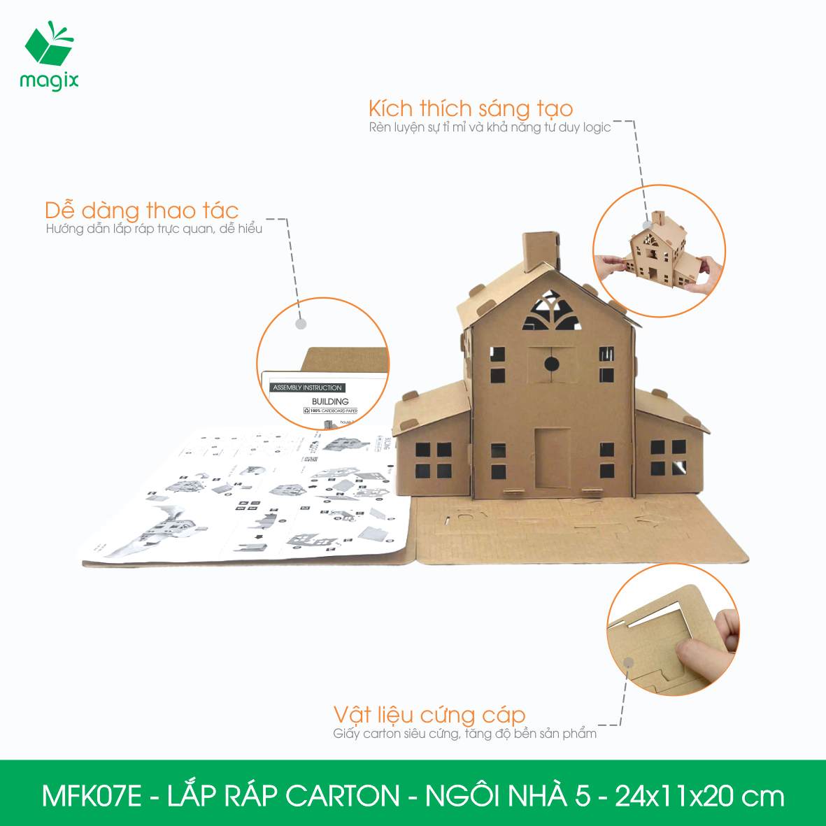 MFK07E - 24x11x20 cm - Mô hình ngôi nhà lắp ráp từ bìa carton cao cấp, nhà giấy carton mini sáng tạo