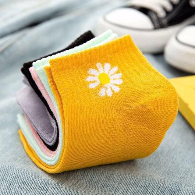 Lố 10 đôi Tất nữ/ Vớ nữ cổ trụ cotton trơn họa tiết hoa cúc họa mi thanh nhã.