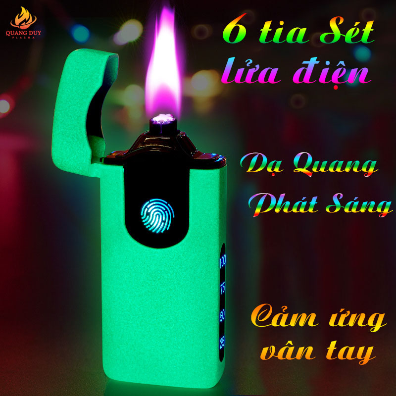 Bật lửa điện cảm ứng độc lạ dạ quang phát sáng công nghệ plasma 6 tia chống gió sạc pin tiện lợi