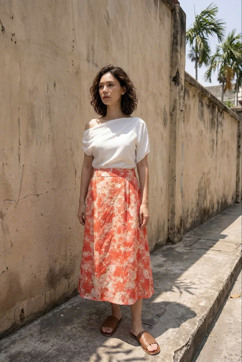 Váy Midi Ramie In Hoa Thanh Minh Ski055 Thời trang Hity