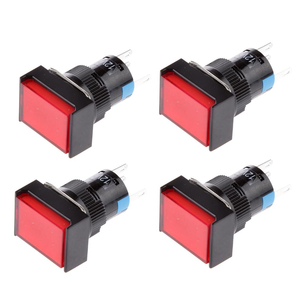 4 pieces DC 12V Push Button Momentary Self Reset Square Switch with LED Light 5 Pin 16mm Red