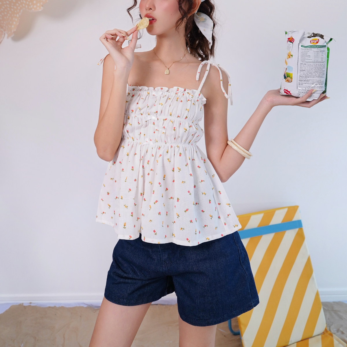 Áo kiểu áo hai dây cột họa tiết hoa nhún ngực kiểu xòe nữ tính tiểu thơ Charming Miều Est.2013