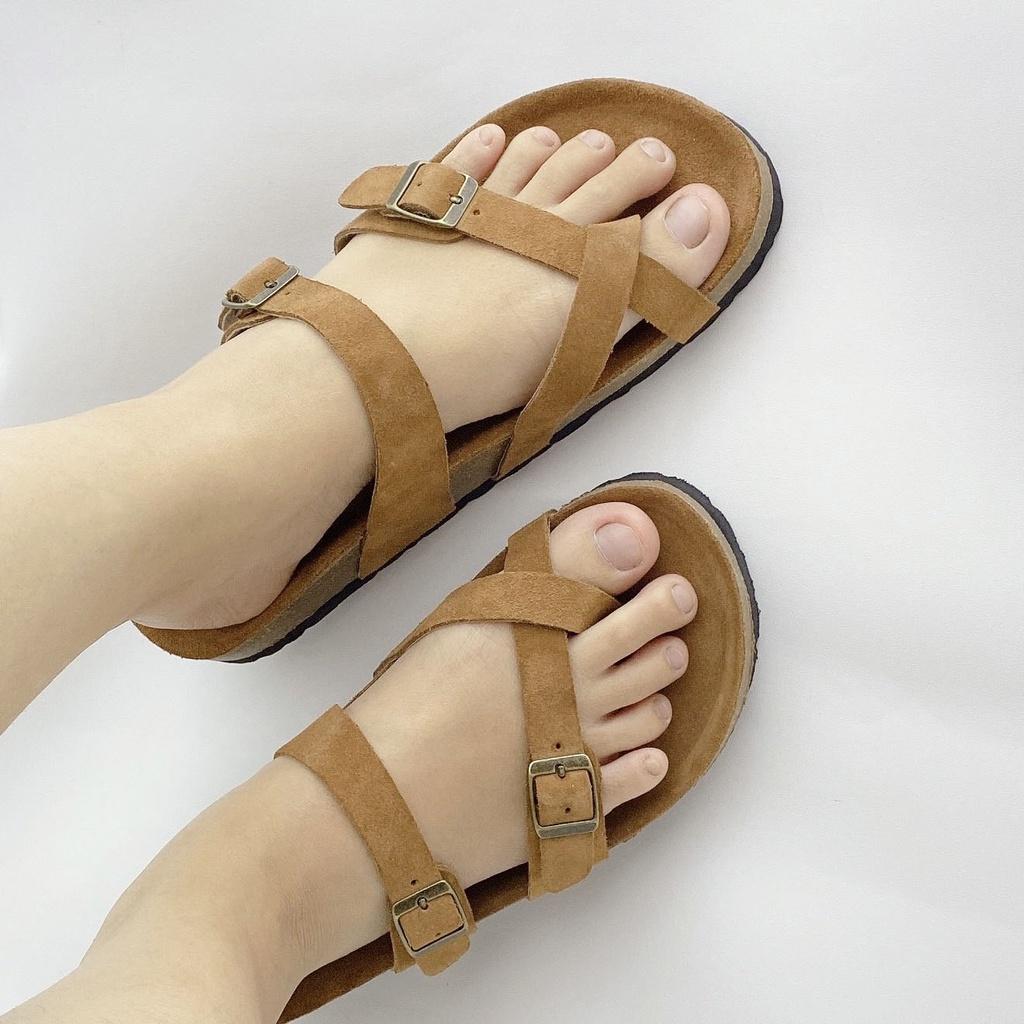 Dép đế trấu birken nam nữ unisex 2 khóa quai xỏ ngón da bò size 35 - 43 chính hãng Hishoo S101