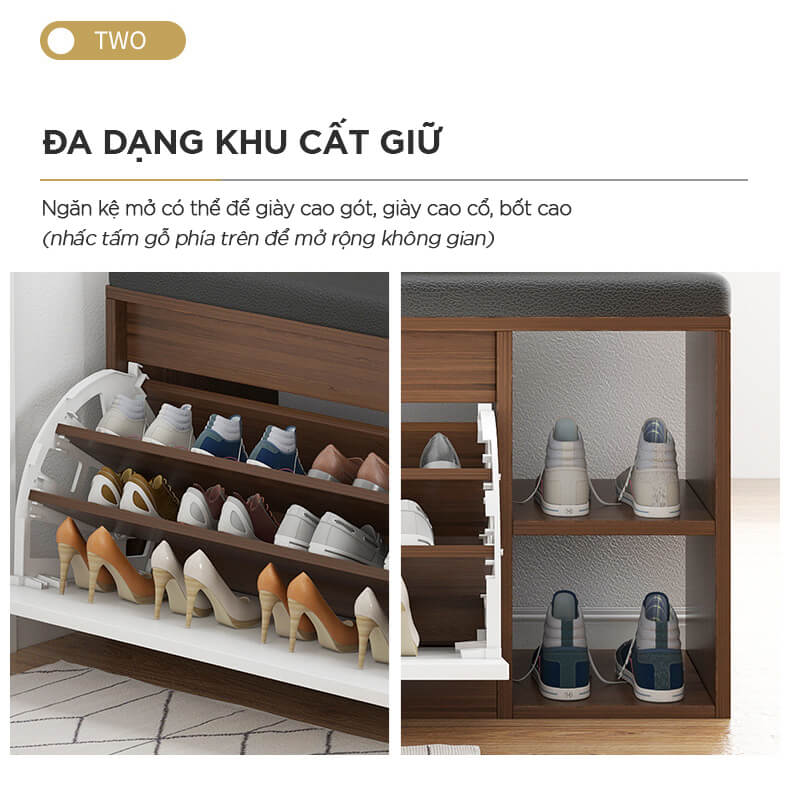 Tủ Giày Gỗ 100cm MDF Phủ Melamine Chống Ẩm Cánh Lật Siêu Gọn 3 Ngăn Kèm Ghế Đệm Da 