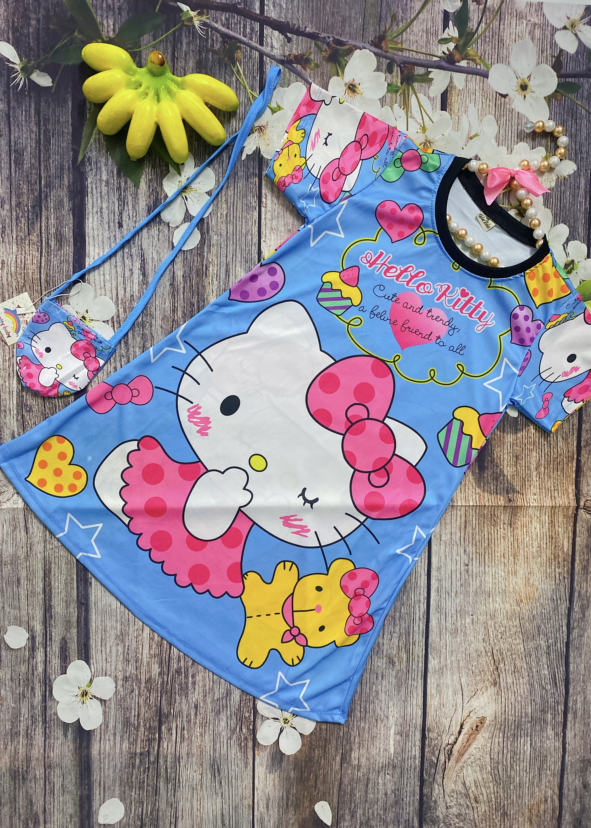 Đầm Bé Gái Mèo Hello Kitty Tặng Túi, Size 20,5-27Kg, 5-8 Tuổi In 3D Váy Thun Lạnh Dễ Thương