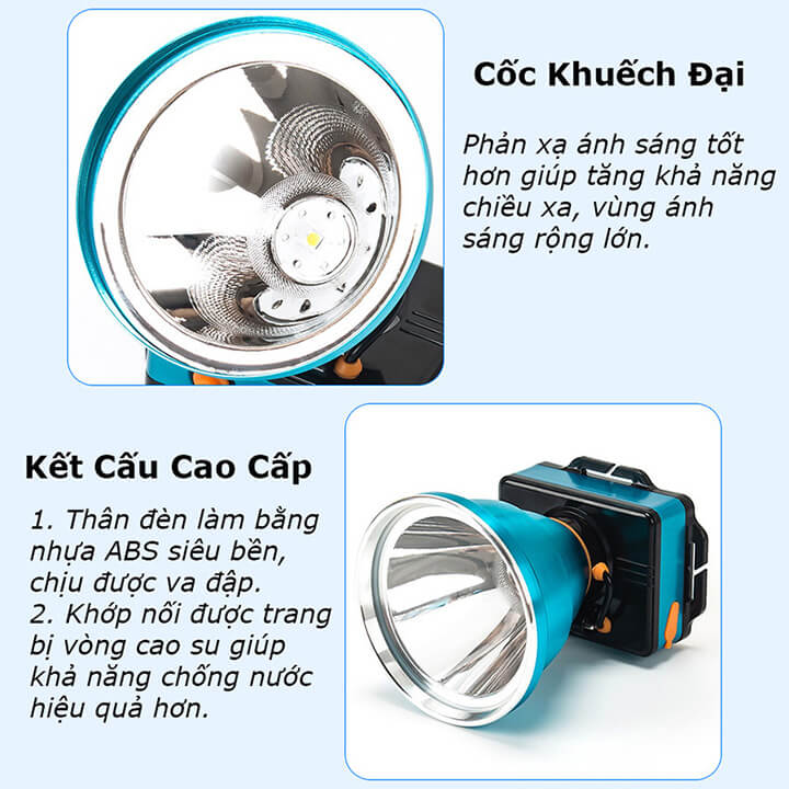 Đèn pin đội đầu siêu sáng chiếu xa 500m công suất 100W, pin trâu 8-10h, đèn pin đeo trán 1 bóng chống thấm nước SS-5578 100W