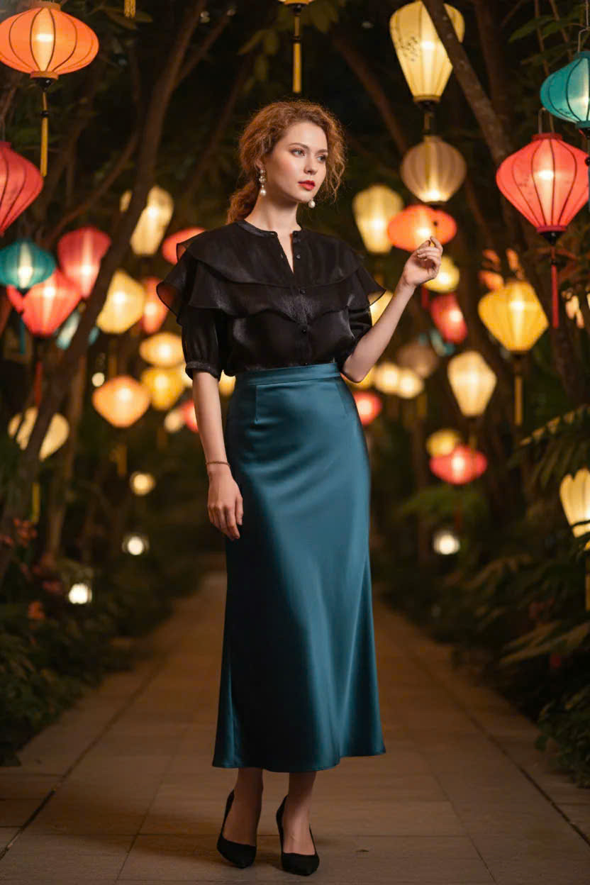 Áo Cổ Trụ Tay Phồng Organza Đen thời trang thiết kế Hity Top181