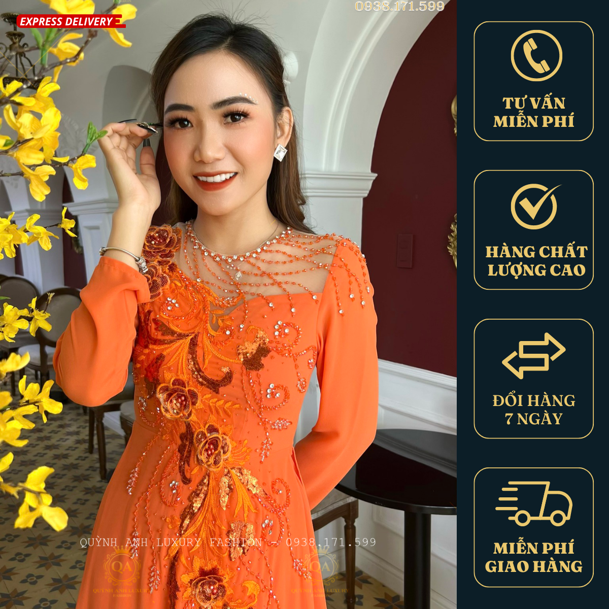 Áo Dài Dạ Hội Đẳng Cấp Trung Niên Dự Tiệc Cam Tươi Nelly Dress