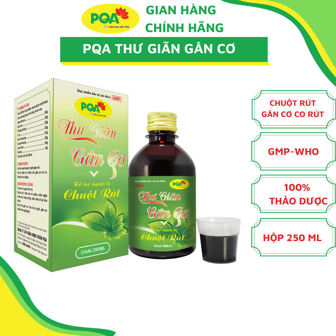 Siro PQA Thư Giãn Gân Cơ 250ml là dược phẩm thảo dược giúp hoạt huyết, mạnh gân cốt hỗ trợ điều trị chuột rút, gân cơ co rút, chân tay co quắp dùng cho người lớn và trẻ em bị chuột rút, đau mỏi gân cơ, hay bị co giật gân cơ.