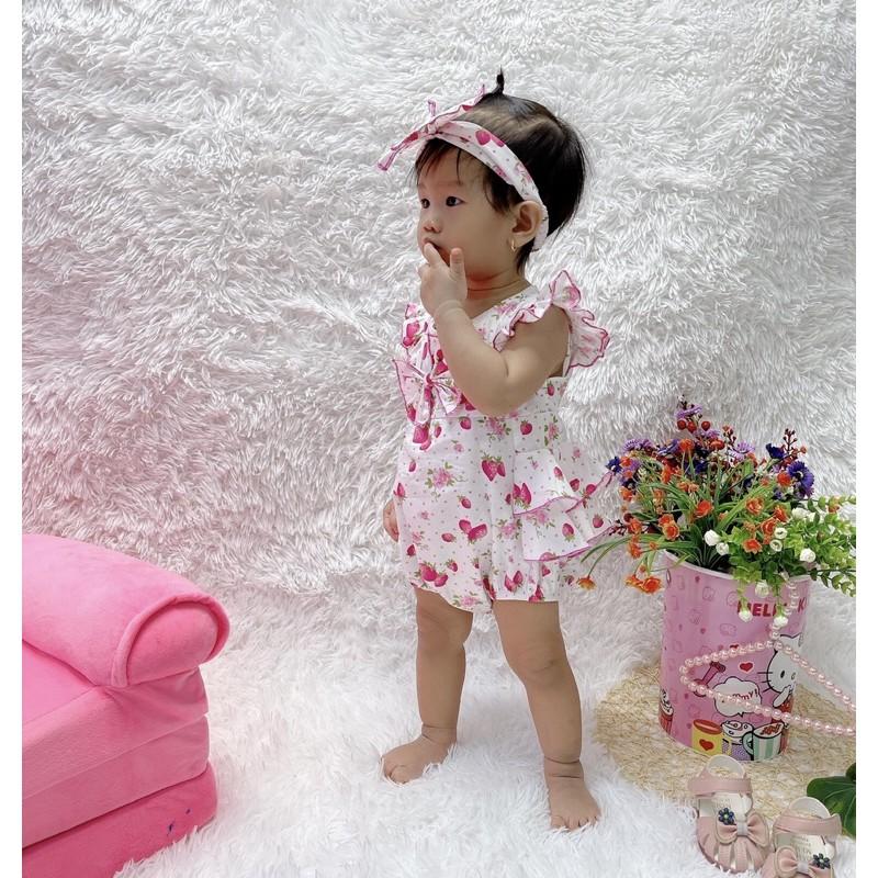 Body dâu tây bánh bèo cho bé gái sơ sinh đến 12kg, bodysuit bé gái chất thô Hàn [A440