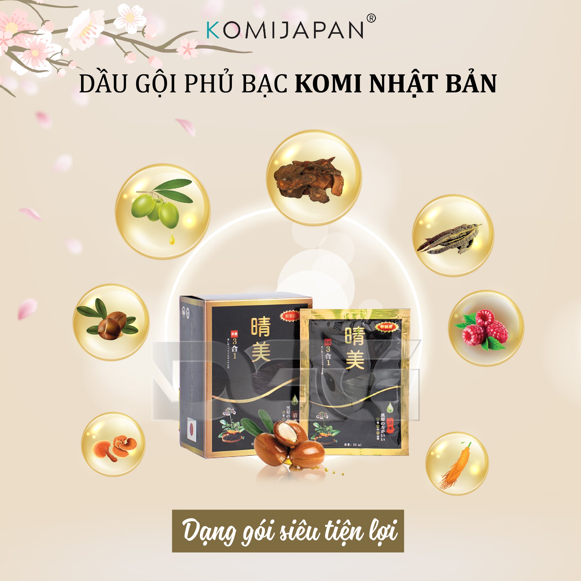 Gói dầu gội phủ bạc thảo dược thiên nhiên Komi Nhật Bản