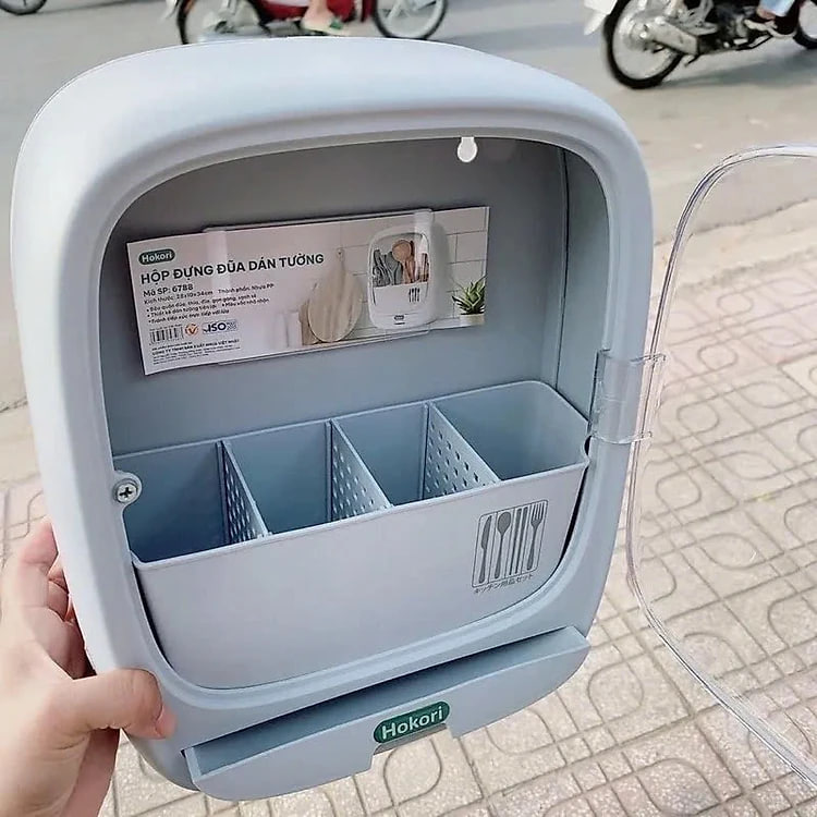Hộp Đựng Đũa Thìa Dán Tường Bốn Ngăn Tiện Dụng Có Nắp Đậy, Dán Tường Siêu Chắc Chắn - Hàng Việt Nam