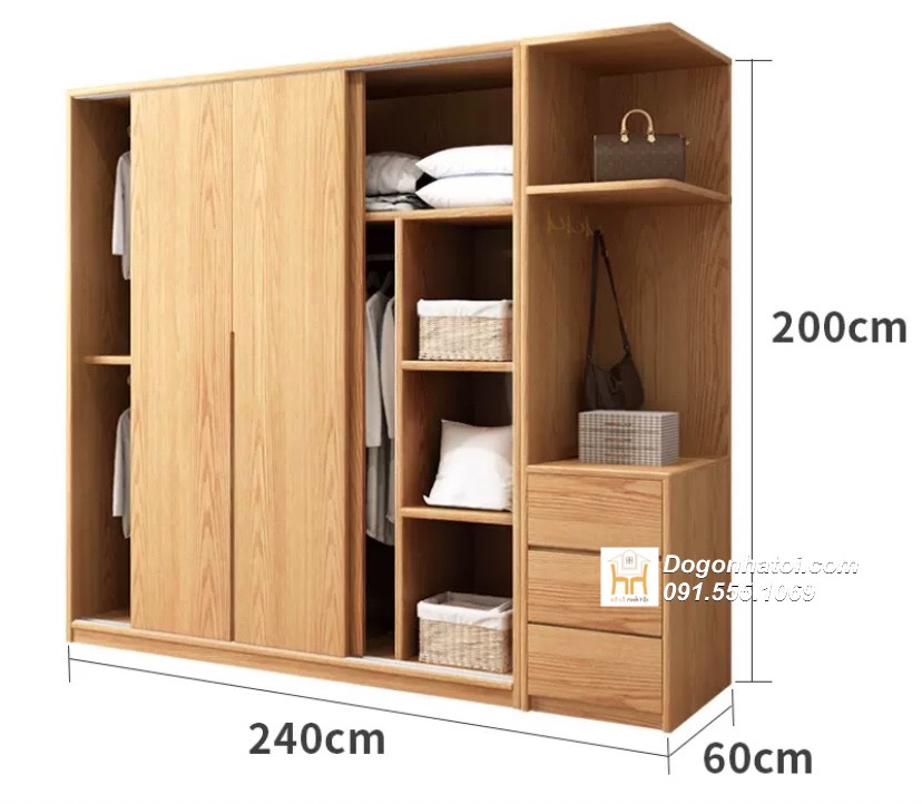 Tủ quần áo gỗ sồi cửa lùa cao cấp C2m xD2m4 - TA238