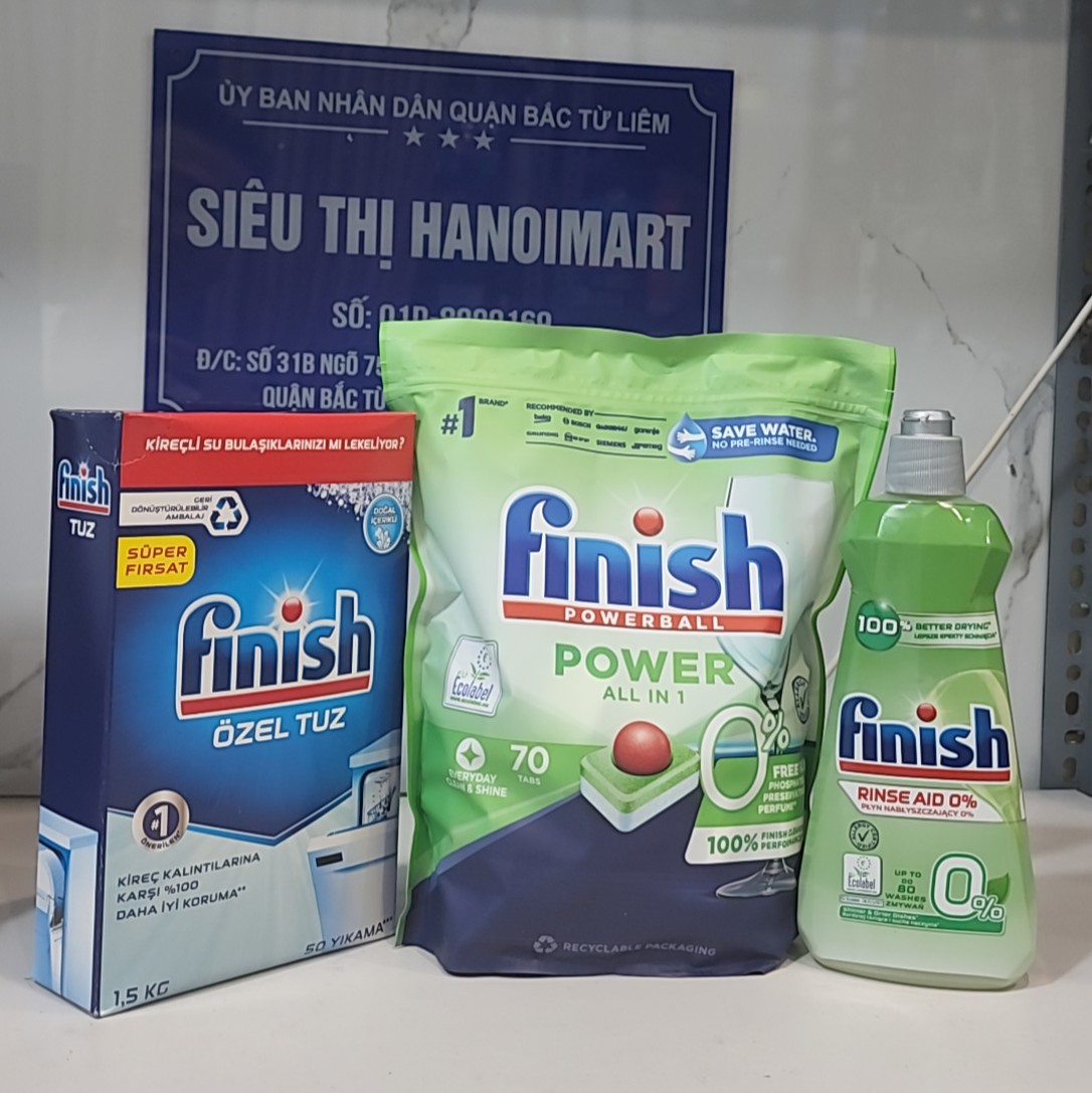 Combo 70 Viên rửa bát Finish Hữu cơ eco + Muối Finish 1.5kg + Bóng finish 750ml