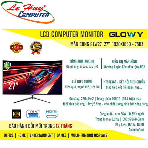 Màn hình máy tính Cong GLOWY GLW27 27inch FullHD 75Hz VGA-HDMI -- hàng chính hãng