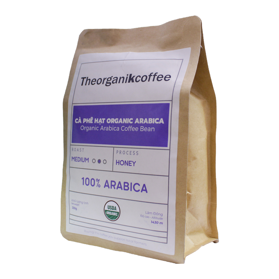 Cà phê Arabica hữu cơ rang mộc - dạng hạt, 250g