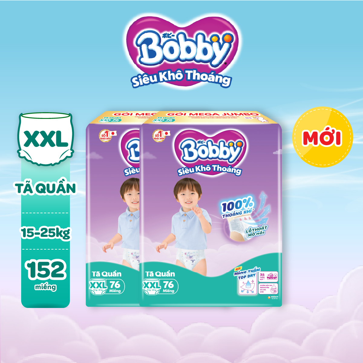 Tã quần Bobby Siêu Khô Thoáng - 100% Thoáng Khí Mega Jumbo - XXL76