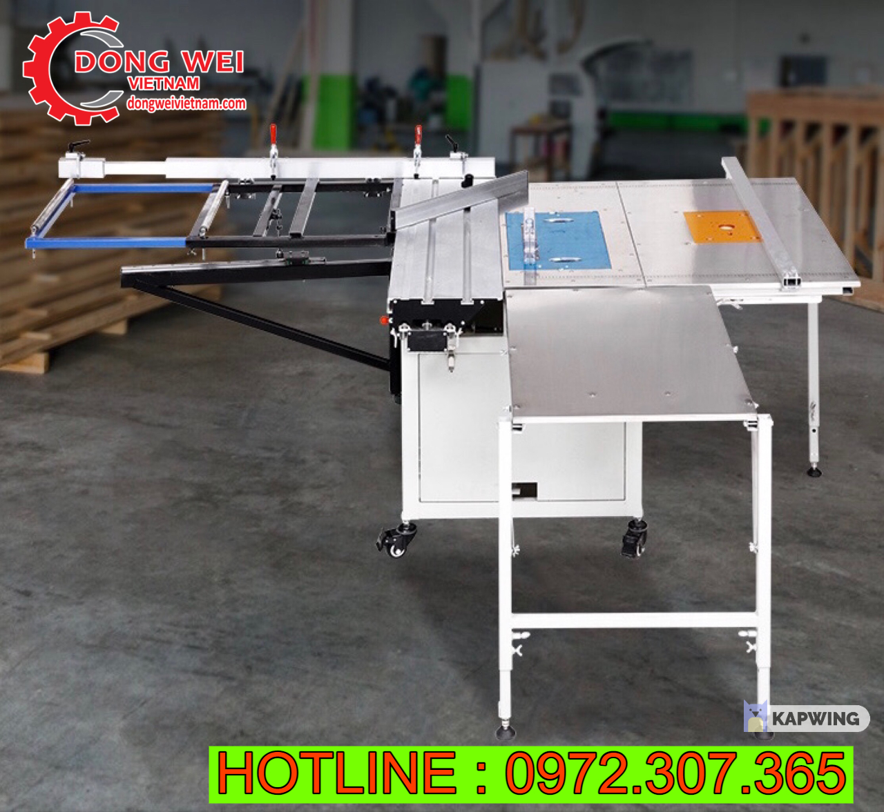 Máy cưa bàn trượt DWJ220, bàn trượt mở rộng chắc chắn với thanh trượt kép, hệ ty tròn vững chắc khi làm việc tải trọng lớn