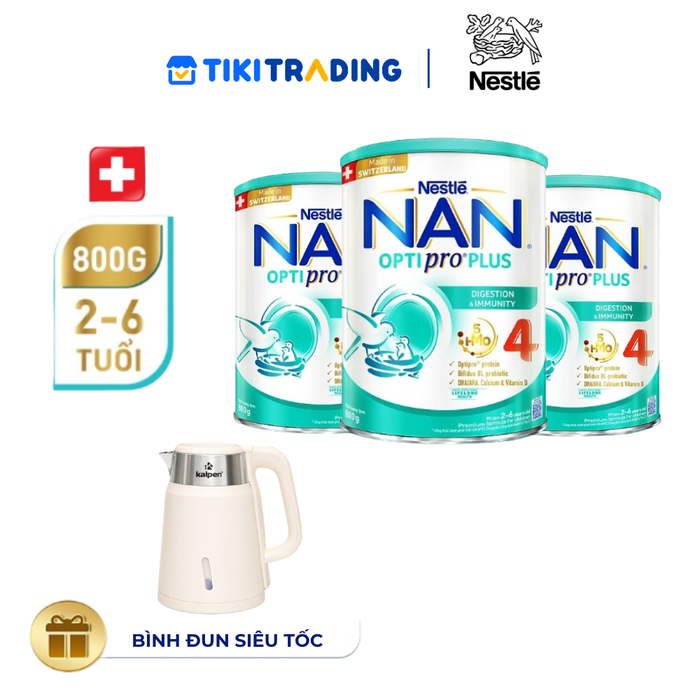 Bộ 2 Lon Sữa bột Nestlé NAN OPTIPRO PLUS 4 1500g/lon với 5HMO giúp tiêu hóa tốt + Tăng cường đề kháng (Bé 2-6 tuổi) - Tặng Ấm đun siêu tốc Kalpen