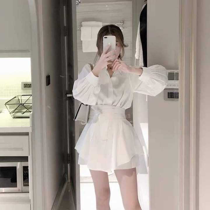 Set đồ nữ sang chảnh, bộ đồ nữ áo sơ mi dài dây eo kèm quần cá tính