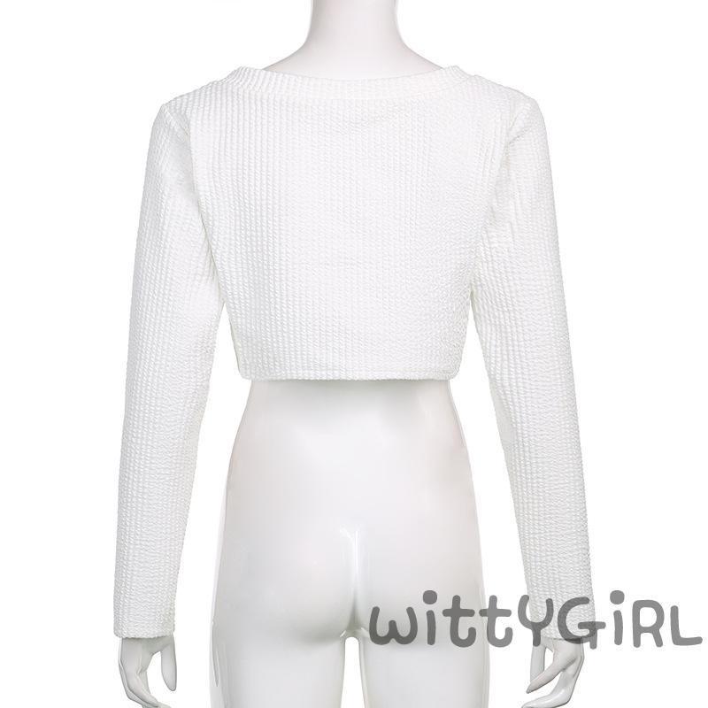 Áo croptop dệt kim tay dài thêu chữ phối nút thời trang cho nữ