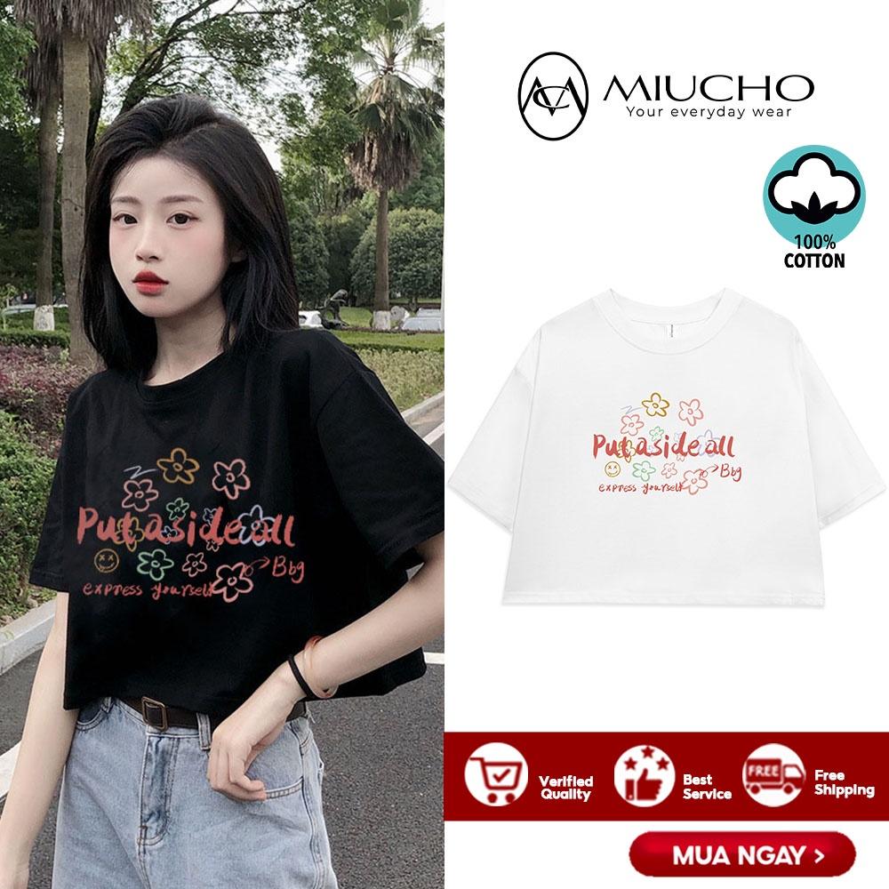 Áo croptop nữ tay ngắn cổ tròn vải thun cotton kiểu hàn quốc CR033 Miucho in hình hoạ tiết