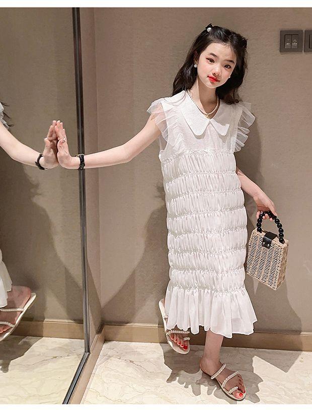 CHENGRUI Cô gái mùa hè chiffon rắn màu đầm 2023 trung bình trẻ em phong cách phương Tây thời trang mùa hè váy công chúa thời trang trẻ em