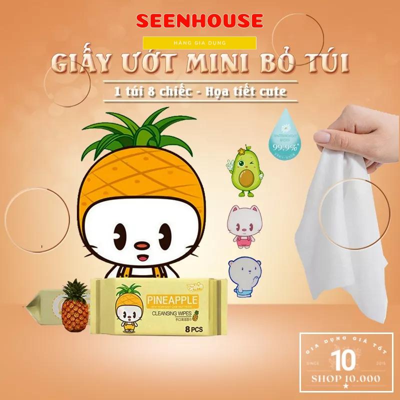 Gói 8 Miếng Khăn Giấy Ướt Mini Hoạt Hình Cao Cấp Bỏ Túi Tiện Lợi