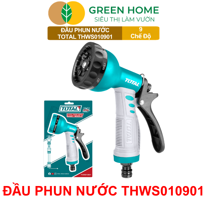 Đầu Phun Nước Total THWS010901 GreenHome, 9 Chế Độ Phun Linh Hoạt,Chất Liệu ABS, Tay Cầm Chống Trượt