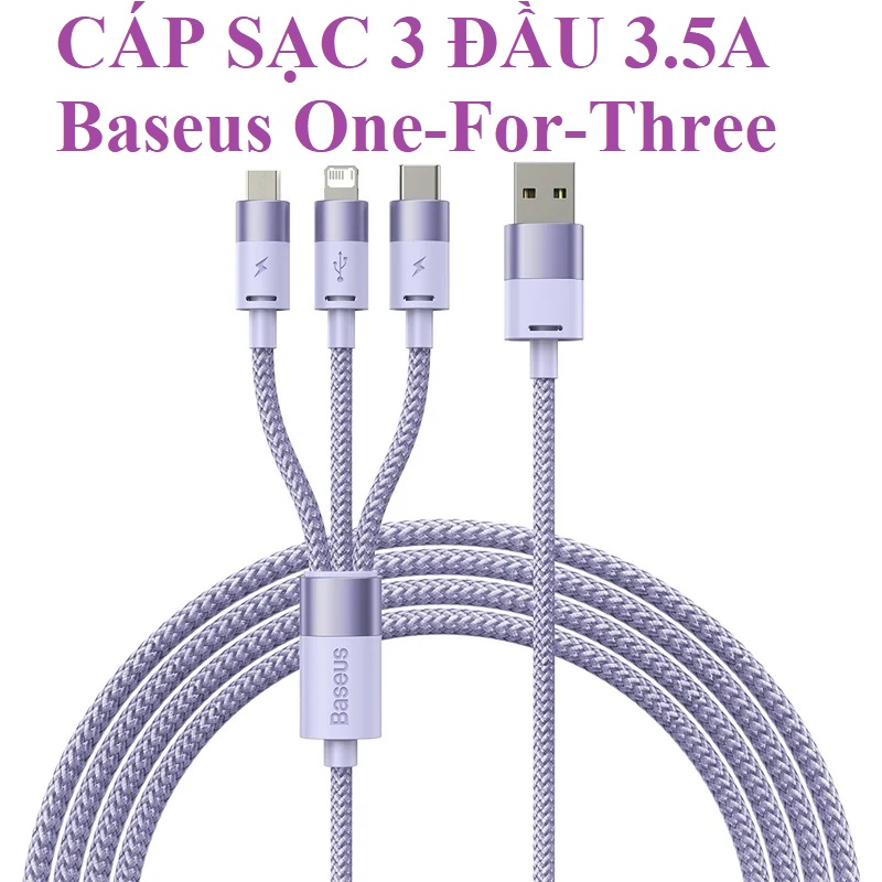Cáp sạc đa năng 3 đầu 3.5a Usb to M+i+C dây dù siêu bền 1.2m Baseus One For ThreeCB000030 _ Hàng chính hãng