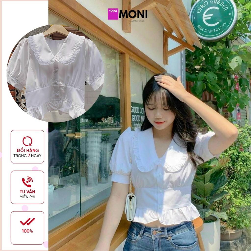 Áo kiểu croptop cổ bèo trắng tay ngắn phồng ôm eo nút bọc